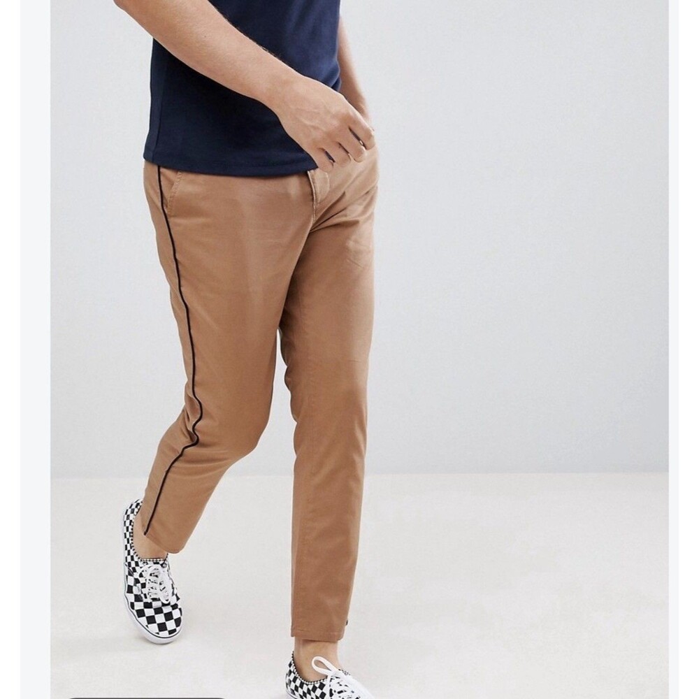 ASOS DESIGN slim cropped trousers in camel with black side piping